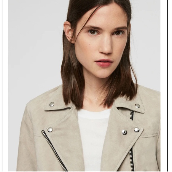 Allsaints Tan Prescott Suede Biker Leather Moto Jacket in Dove Grey, 4 S - Picture 3 of 9